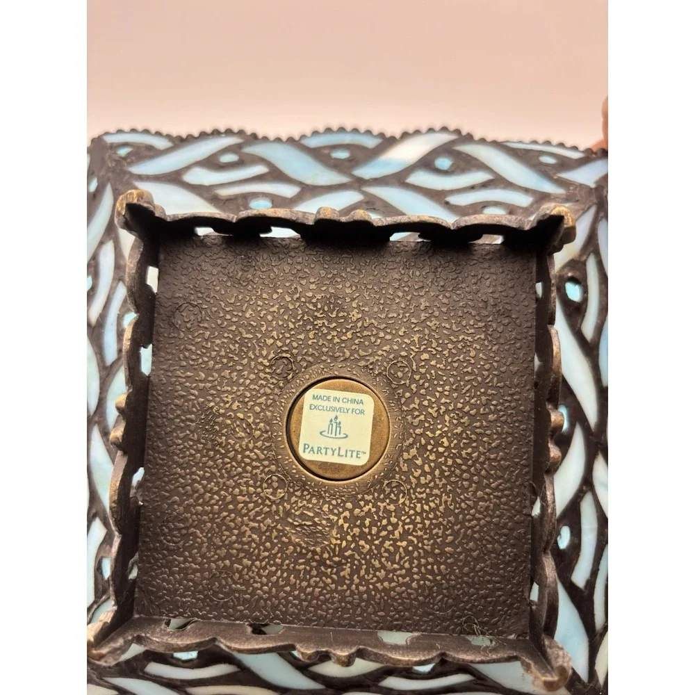 Party Lite Spring Water Blue Stained Glass Pillar Candle Holder Square Mosaic